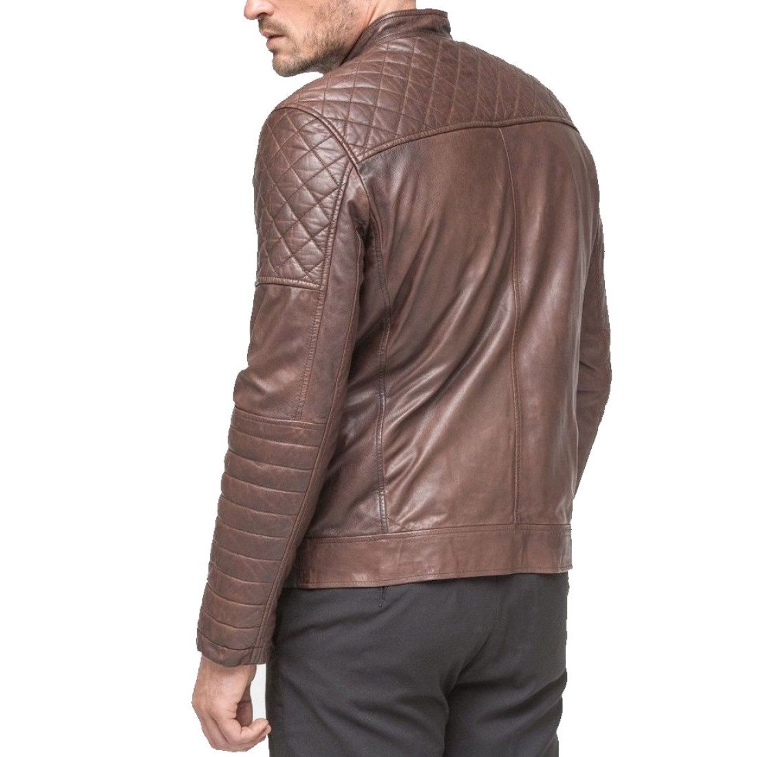 Mens FJM110 Quilted Zipper Pockets Waxed Leather Jacket