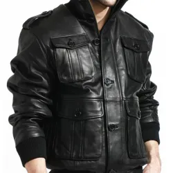 Men's 4 Pocket Black Leather Bomber Jacket