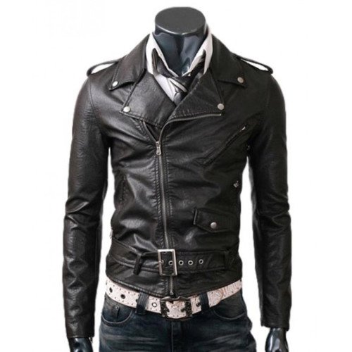 Slim Fit Belted Black Leather Jacket - Men's Asymmetrical Zipper Biker ...