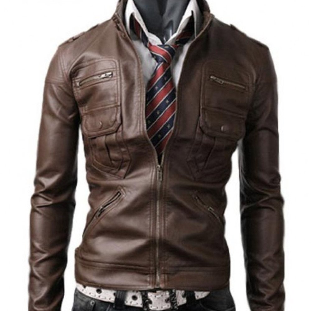 Slim Fit Men's Zipper Pocket Light Brown Leather Jacket - FilmsJackets