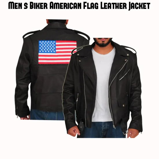 Men's American Flag Black Leather Motorcycle Jacket