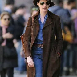 Anne Hathaway Brown Suede Leather Coat