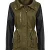 Women's Army Green Jacket with Black Leather Sleeves