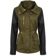 Women's Army Green Jacket with Black Leather Sleeves