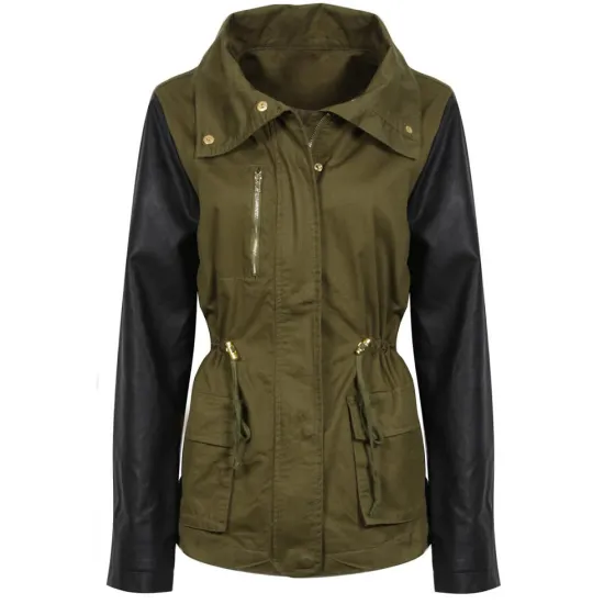 Women s Army Green Jacket with Leather Sleeves