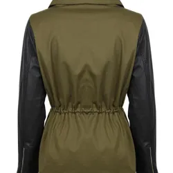 Women's Army Green Jacket with Black Leather Sleeves