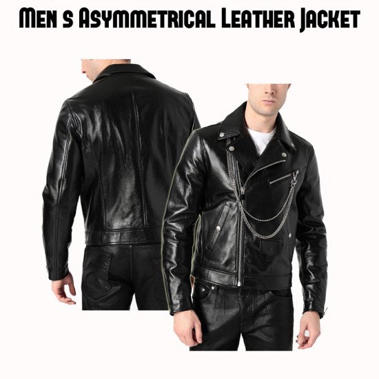 Asymmetrical Biker Leather Jacket Chains Men - Jackets Expert