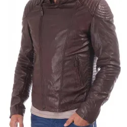 Men's Biker Asymmetrical Brown Leather Jacket