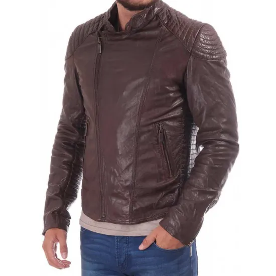 Men's Biker Asymmetrical Brown Leather Jacket