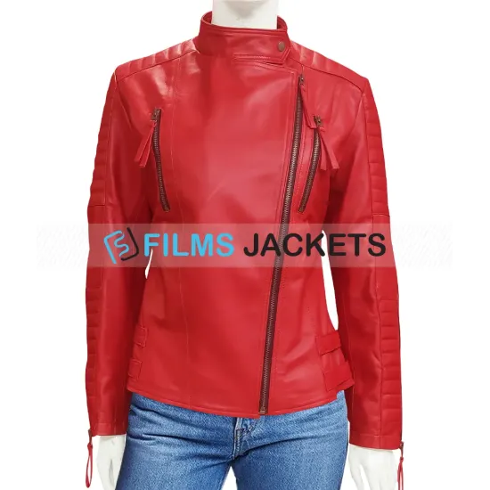 Women's Padded Sleeves Asymmetrical Red Leather Biker Jacket