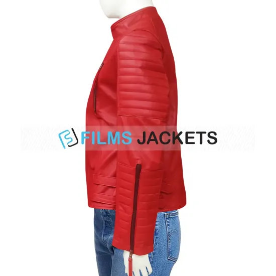 Women's Padded Sleeves Asymmetrical Red Leather Biker Jacket