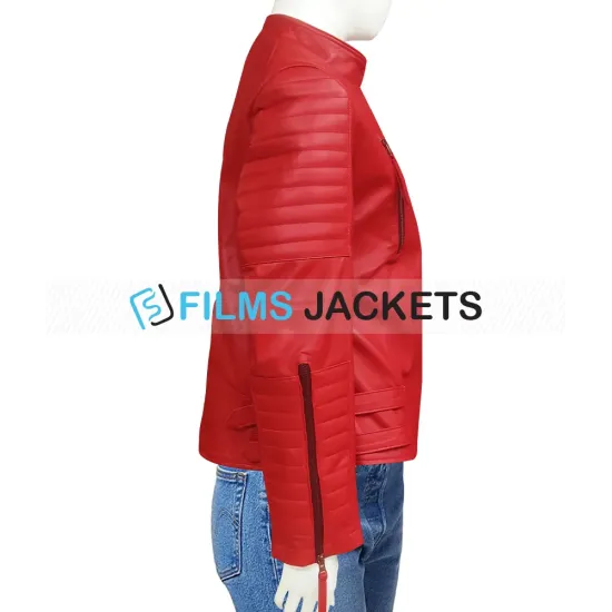 Women's Padded Sleeves Asymmetrical Red Leather Biker Jacket