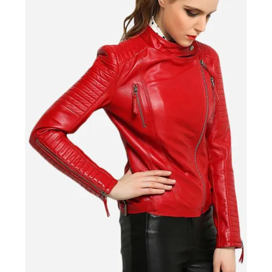 Women's Padded Sleeves Asymmetrical Red Leather Biker Jacket