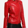 Women's Padded Sleeves Asymmetrical Red Leather Biker Jacket