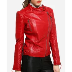 Women's Padded Sleeves Asymmetrical Red Leather Biker Jacket