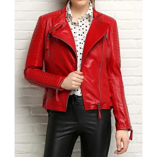 Women's Padded Sleeves Asymmetrical Red Leather Biker Jacket