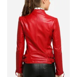 Women's Padded Sleeves Asymmetrical Red Leather Biker Jacket