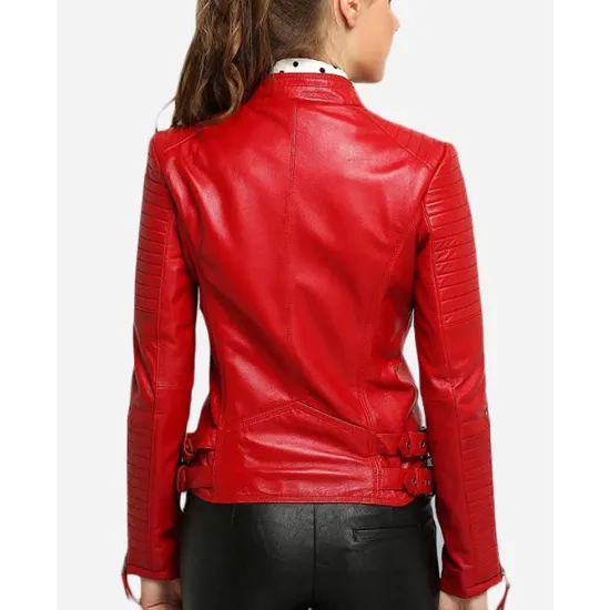 Women's Padded Sleeves Asymmetrical Red Leather Biker Jacket