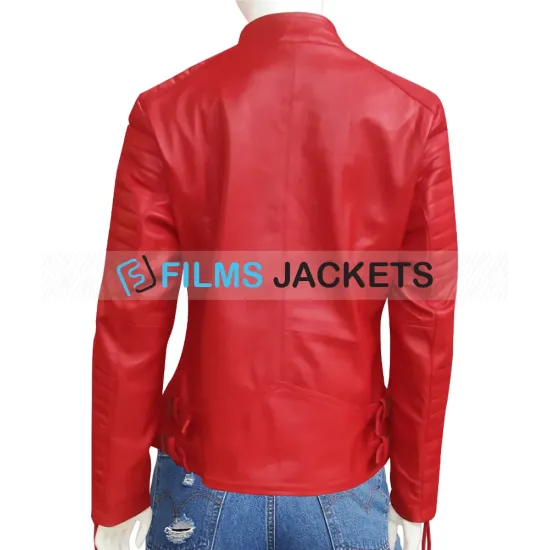 Women's Padded Sleeves Asymmetrical Red Leather Biker Jacket