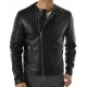 Men's Collarless Asymmetrical Black Leather Jacket