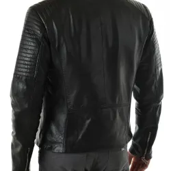 Men's Collarless Asymmetrical Black Leather Jacket