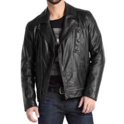 Men's Asymmetrical Zipper Moto Black Leather Jacket