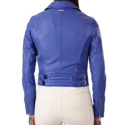 Women's Asymmetrical Zipper Blue Leather Biker Jacket