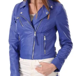 Women's Asymmetrical Zipper Blue Leather Biker Jacket