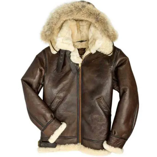 Men’s B3 Shearling Hooded Brown Leather Jacket 