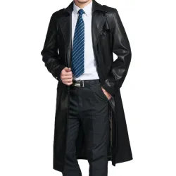 Men's Black Trench Coat with Fur Collar