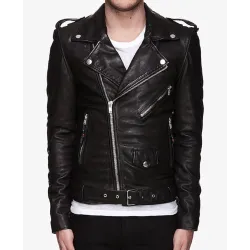 Men's Asymmetrical Zipper Biker Black Leather Jacket