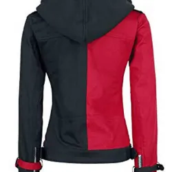 Women's Black and Red Harley Quinn Biker Hooded Jacket