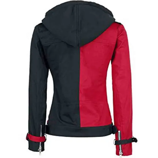 Women's Black and Red Harley Quinn Biker Hooded Jacket