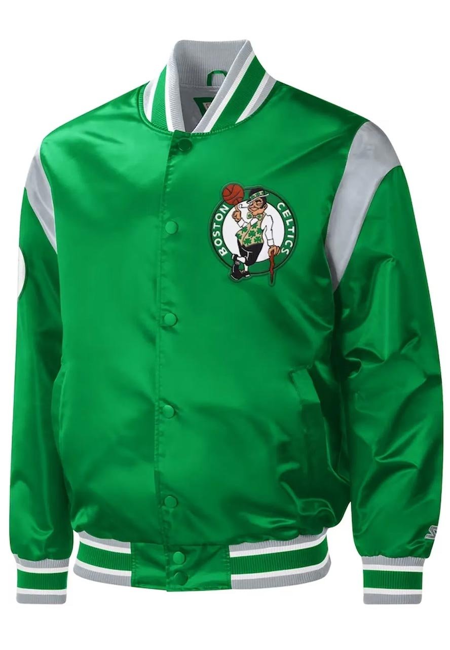 Mens Letterman Boston Celtics Green and White Varsity Bomber Jacket