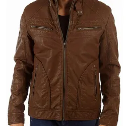 Men's Biker Snap Tab Collar Brown Faux Leather Jacket
