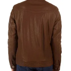 Men's Biker Snap Tab Collar Brown Faux Leather Jacket