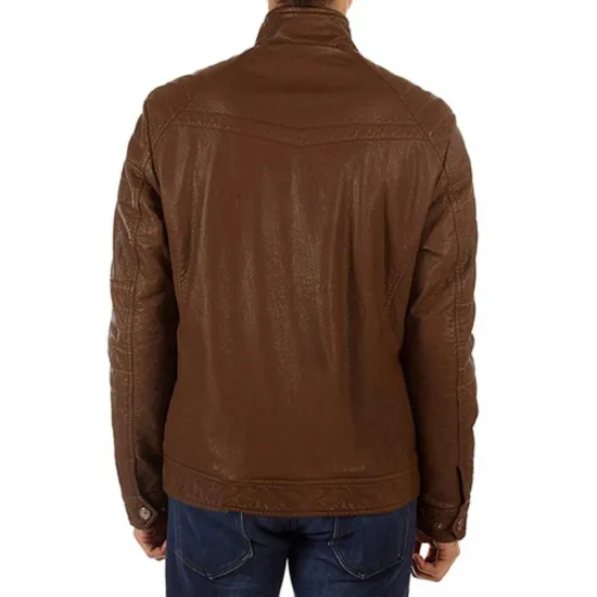 Men's Biker Snap Tab Collar Brown Faux Leather Jacket