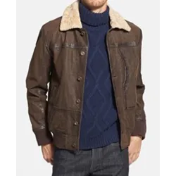 Men's Bomber Causal Brown Leather Jacket with Fur Collar