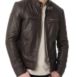 Men's Casual Wear Buckle Collar Brown Leather Jacket