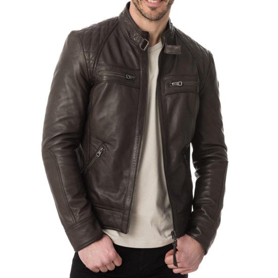 Buckle Collar Casual Brown Leather Jacket Men - Films Jackets