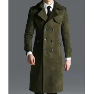 Men's Military Green Double Breasted Suede Leather Coat