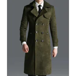 Men's Military Green Double Breasted Suede Leather Coat