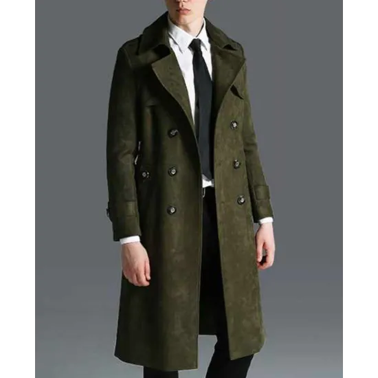 Men's Military Green Double Breasted Suede Leather Coat