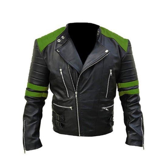 Asymmetrical Classic Brando Black and Green Leather Jacket