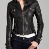 Women's Buckle Straps Design Black Leather Moto Jacket