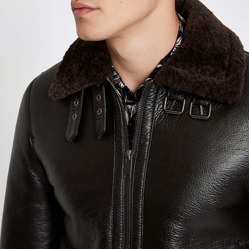 Mens Buckle Collar Bomber Dark Brown Shearling Leather Jacket Films