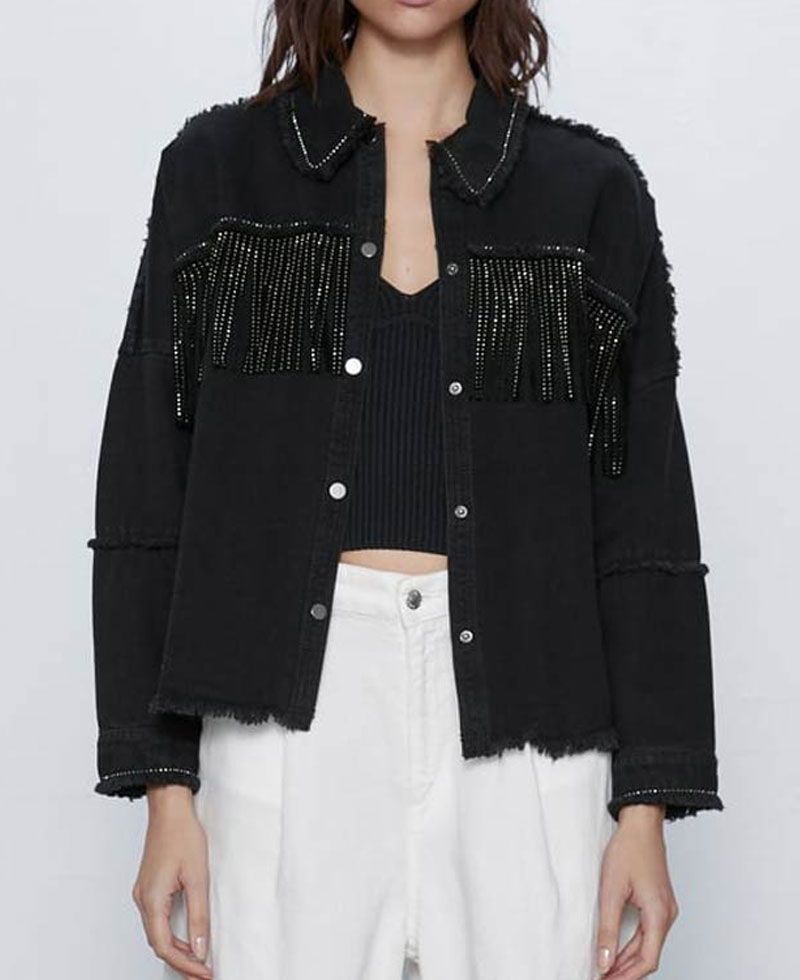 Black denim jacket with tassels hotsell