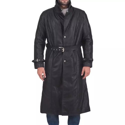 Mens Army Black Leather Duster Coat - Films Jackets