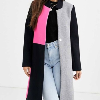 Emily in Paris Lily Collins Color Block Wool Coat