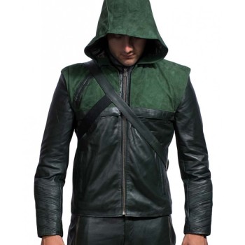 Stephen Amell Green Arrow Leather Jacket with Hoodie